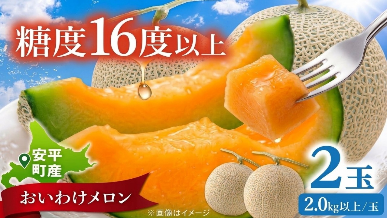 <数量・期間限定> メロン 糖度16度以上 2.0kg以上 ×2玉 4kg おいわけメロン 赤肉メロン スイーツ デザート 果物 国産 北海道 安平町 プレゼント 贈答 ギフト