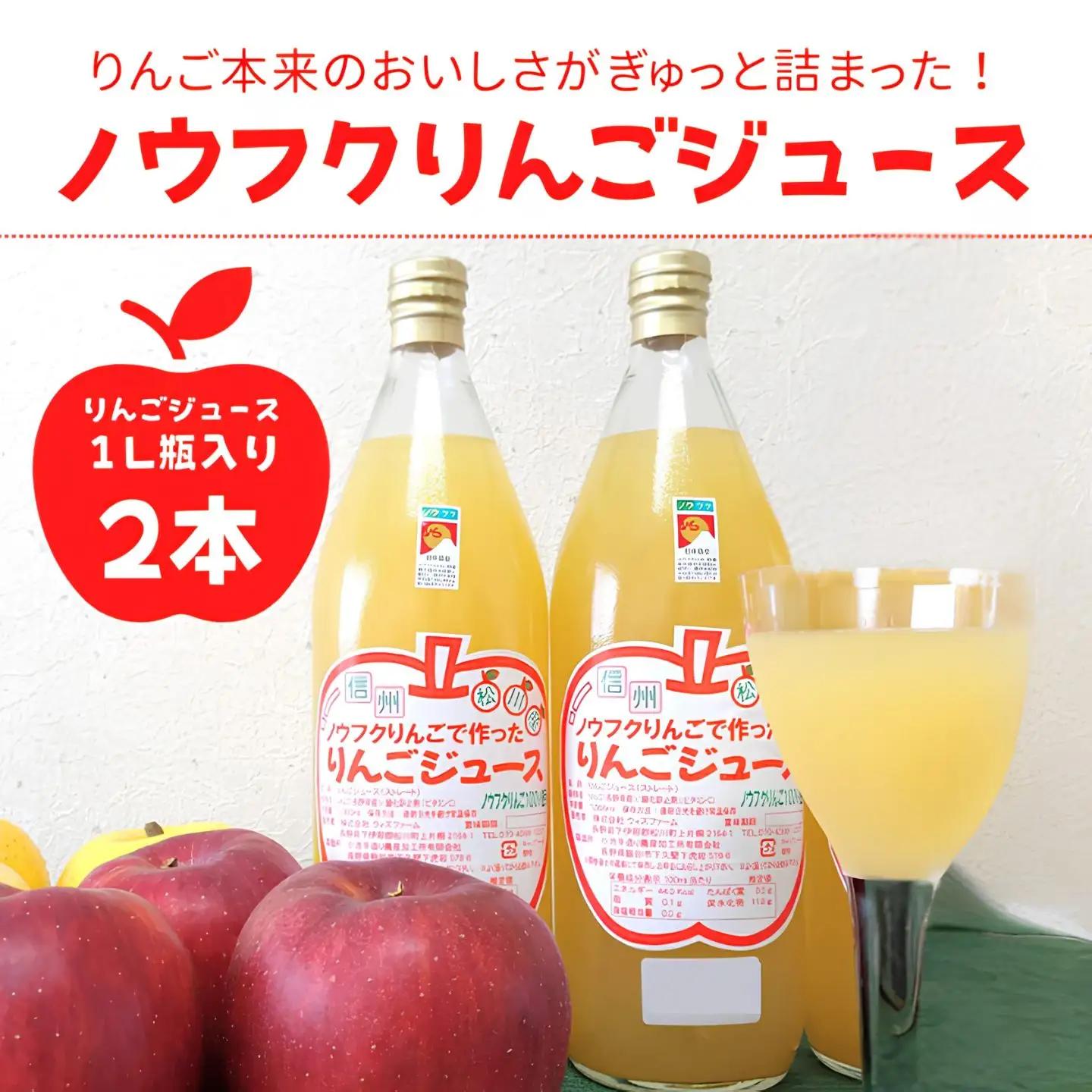 WF11　ノウフクりんごジュース 1ℓ×2本//長野県 南信州 松川町産 リンゴジュース 林檎 果汁飲料 ノウフクJAS 数量限定 農福連携 果汁100％ ストレートジュース