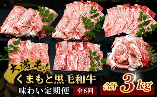 【定期便6回】くまもと黒毛和牛 味わい定期便～合計 3kg 《 黒毛 和牛 ロース 焼き肉 すき焼き 切り落とし 赤身 スライス 和王 》 肉 すき焼き 焼肉 霜降り 上質 ブランド牛 国産 牛肉 冷