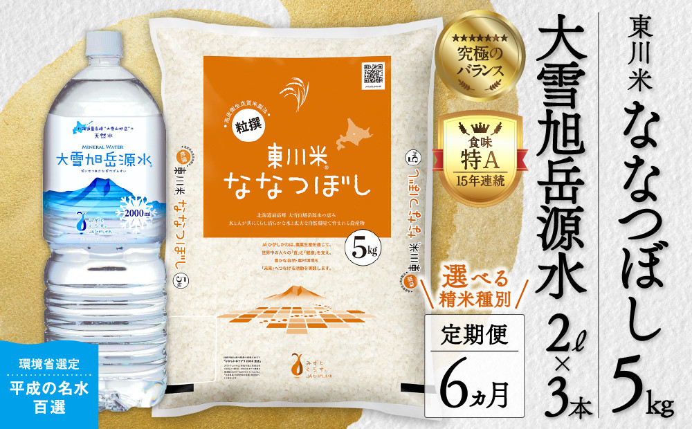 
            【選べる精米種別！】【6ヵ月定期便】東川米「ななつぼし」5kg+水セット
          