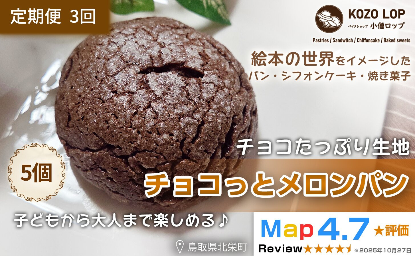 1172.【定期便3ヶ月】鳥取県産 チョコたっぷり生地 チョコっとメロンパン 5個×3回 313726_BD053