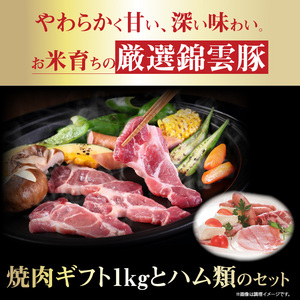 【ブランド豚肉】お米育ちの錦雲豚ギフト（焼肉用1kg）とハム類のセット_FN0401
