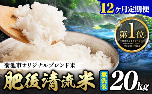 【12ヶ月定期便】熊本県産 無洗米 肥後清流米 20kg 熊本県産 ふるさと納税 精米 米 こめ ふるさとのうぜい コメ お米 おこめ《お申込み翌月から出荷》