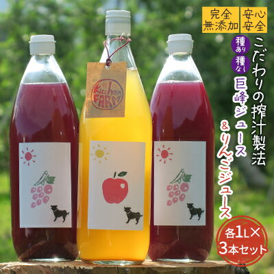 【ふるさと納税】【完全無添加】【安心安全】【こだわりの搾汁製法】種あり巨峰／種なし巨峰／りんごのジュース 3本セット【栽培期間中 除草剤・ネオニコチノイド系農薬・化学肥料不使用】 果実飲料 フルーツジュース 飲み物 飲み比べ 　お届け：寄附入金確認後、随時発送