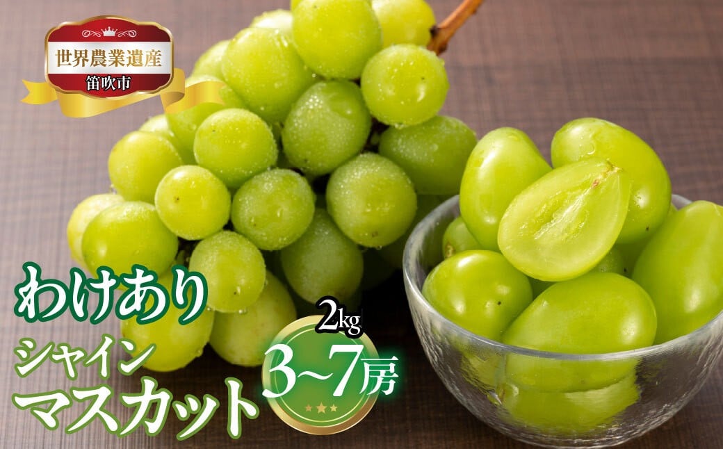 
            【2026年発送★先行予約】山梨県笛吹市産　わけありシャインマスカット　2kg　3房～7房 223-017-26y
          