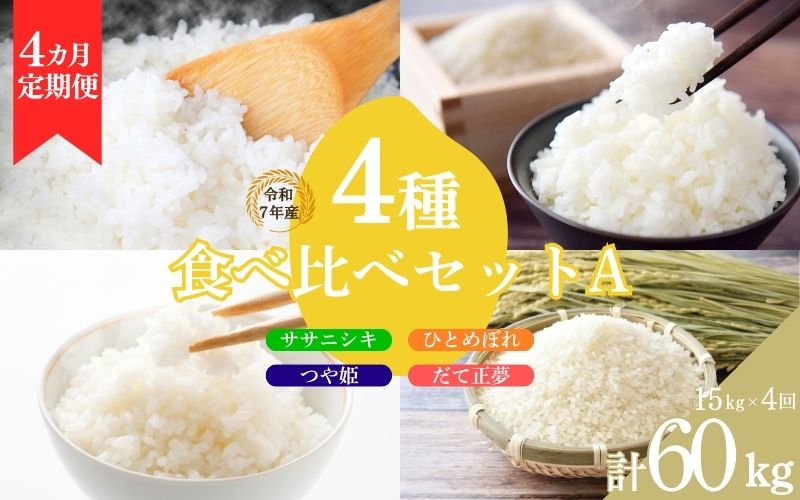 【4ヶ月定期便】いとうファームの 令和7年産 4種食べ比べ 15kg×4回 計60kg 【ササニシキ・ひとめぼれ・つや姫・だて正夢】 / 米 お米 精米 白米 ご飯  食べ比べ 米定期便 産地直送 【