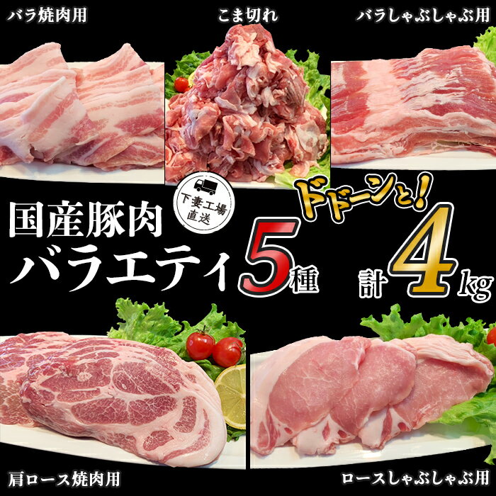 【ふるさと納税】肉 豚肉 国産 小分け 冷凍 真空 5種 4kg お楽しみ セット こま切れ ロース バラ しゃぶしゃぶ 焼肉 切り落とし 小間 コマ 便利 57-3国産豚肉バラエティ5種セット4kg（小分け真空包装）【下妻工場直送】マルリン