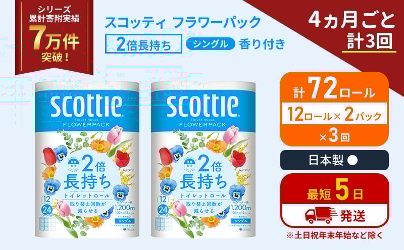
            定期便 トイレットペーパー シングル 2倍長持ち 72ロール (12ロール×2パック)《4ヶ月ごと計3回》 フラワーパック 香り付き スコッティ トイレットペーパーシングル 長持ち 長持ちロール 防災 災害 日用品 生活用品 生活必需品 宮城県 岩沼市 [№5704-1171]
          