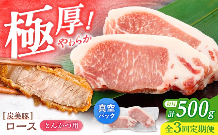 
                  【3回定期便】西海市産 「炭美豚」 とんかつ用ロース500g（250g×2パック）＜宮本畜産＞ 豚肉 とんかつ用 豚 便利 ロース 冷凍 国産 料理 使いやすい 甘い ブランド豚 ポーク 長崎 西海 [CFA062]
                