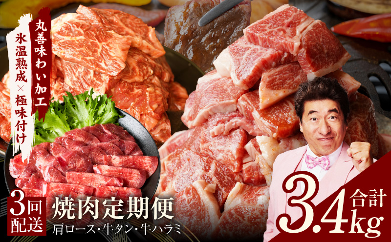 焼肉定期便 総量3.4kg（肩ロース／牛タン／牛ハラミ）全3回 丸善味わい加工【毎月発送コース】 mrzZ090