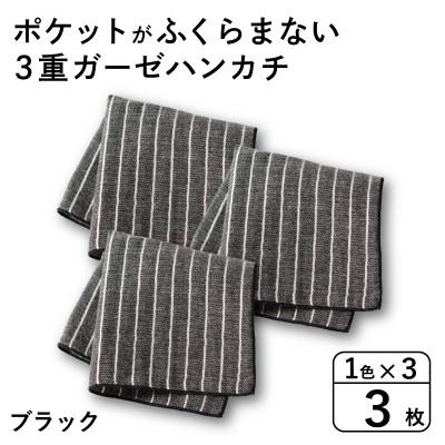 ふるさと納税 泉佐野市 ポケットがふくらまない 3重ガーゼハンカチ ブラックストライプ 3枚 G3872