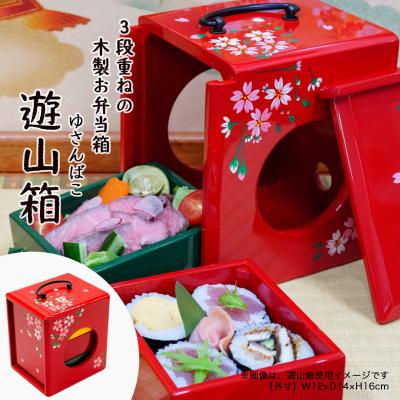 ふるさと納税 徳島市 【昔なつかし】3段重ねの木製お弁当箱「遊山箱」(桜柄・赤色)【DK008VC01】