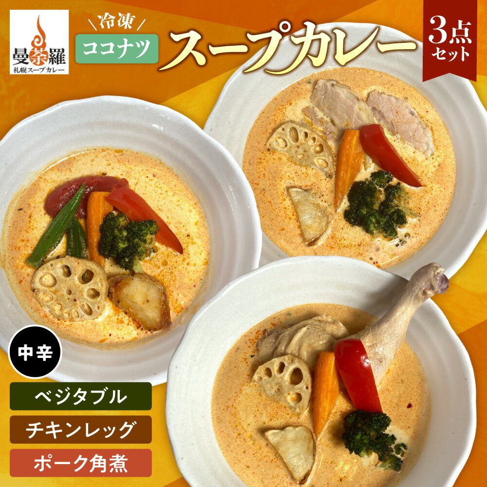 【ふるさと納税】 スープカレー ココナツ 冷凍 各300g以上 3点 セット カレー 中辛 チキンレッグ ベジタブル ポーク角煮 曼荼羅 ストック ソウルフード 真空 手軽 お取り寄せ グルメ 時短 レシピ 北海道 札幌市