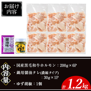 国産 黒毛和牛 ホルモン 計1.2kg(200g×6P)&鍋用醤油タレ(濃縮タイプ：30g×1P)&ゆず胡椒(1個) 牛肉 【ナンチク】A997