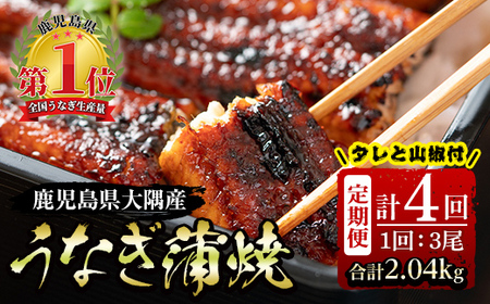 2182-1 【定期4回】大隅特産うなぎ蒲焼 3尾（510g） KN060-T01 うなぎ ウナギ 鰻 うなぎ蒲焼 鰻蒲焼き ウナギ蒲焼 惣菜 総菜 定期便 定期 魚類 魚貝類 魚介類 海産物 鰻重 うな重 ひつまぶし 鰻丼 土用の丑 魚 冷凍 寺園商店 ふるさと納税 鹿児島 鹿屋市 おすすめ ランキング プレゼント ギフト