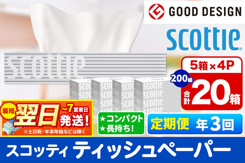 《4ヶ月ごとに3回お届け》定期便 ティッシュペーパー スコッティ 200組 20箱(5箱×4パック) ティッシュ 秋田市オリジナル 最短翌日発送 [ティッシュ ボックスティッシュ スコッティ(SCOT