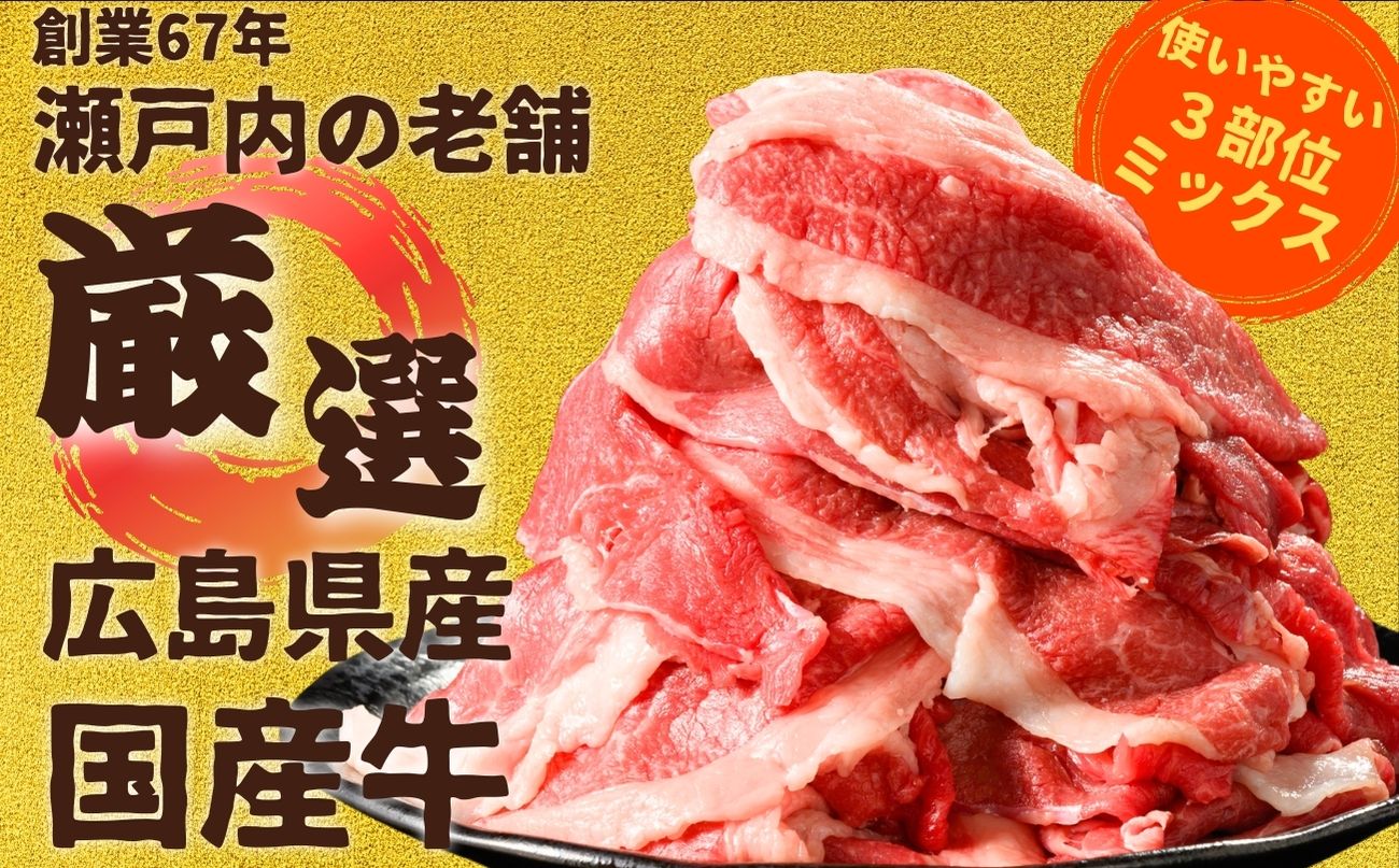 【創業67年 瀬戸内の老舗厳選】国産牛 広島県産牛 切り落とし 600g (300g×2パック)｜ 国産牛 訳あり 牛肉 お肉 切り落とし きりおとし バラ スネ モモ 肉じゃが 牛丼