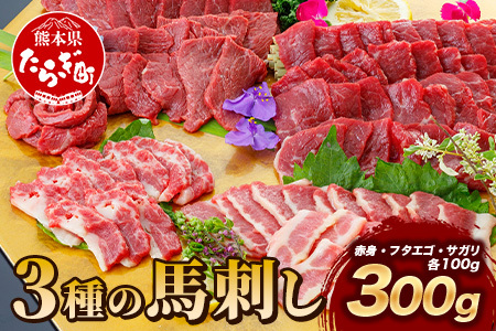 本場熊本 3種の馬刺し 300ｇ【赤身・フタエゴ・サガリ各100g】 馬刺し 冷凍 馬肉 定番 熊本県 多良木町 ばさし 肉 赤身 121-0502