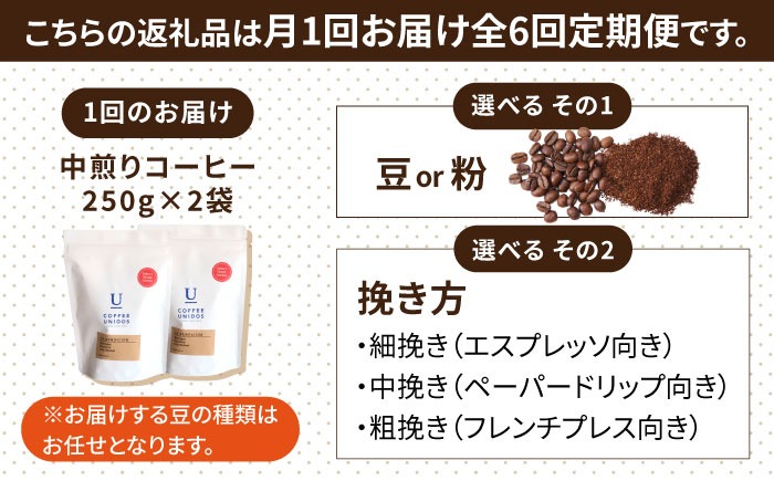 【全6回定期便】種類 おまかせ 中煎り コーヒー 定期便 【選べる豆or粉】 糸島市 / COFFEE UNIDOS 珈琲 [AQF016] コーヒー 珈琲 豆 粉 カフェ 中煎 ギフト セット 定期便