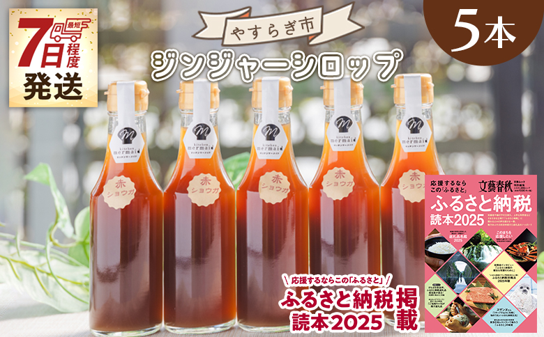 【7日程度で発送】ジンジャーシロップ 200ml×5本 生姜シロップ 高知県 しょうが 赤生姜 やすらぎ市 特産品 常温 熱中症対策 yr-0048