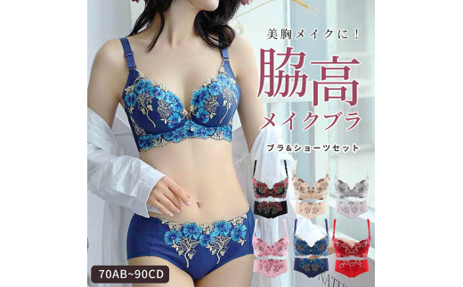 脇高メイクブラ［173N48］脇高 メイクブラ ブラショーツセット 1セット 選べる カラー ブラック レッド ピンク ブルー グレー ベージュ サイズ パット有 パット無 ブラジャー 育乳 産後