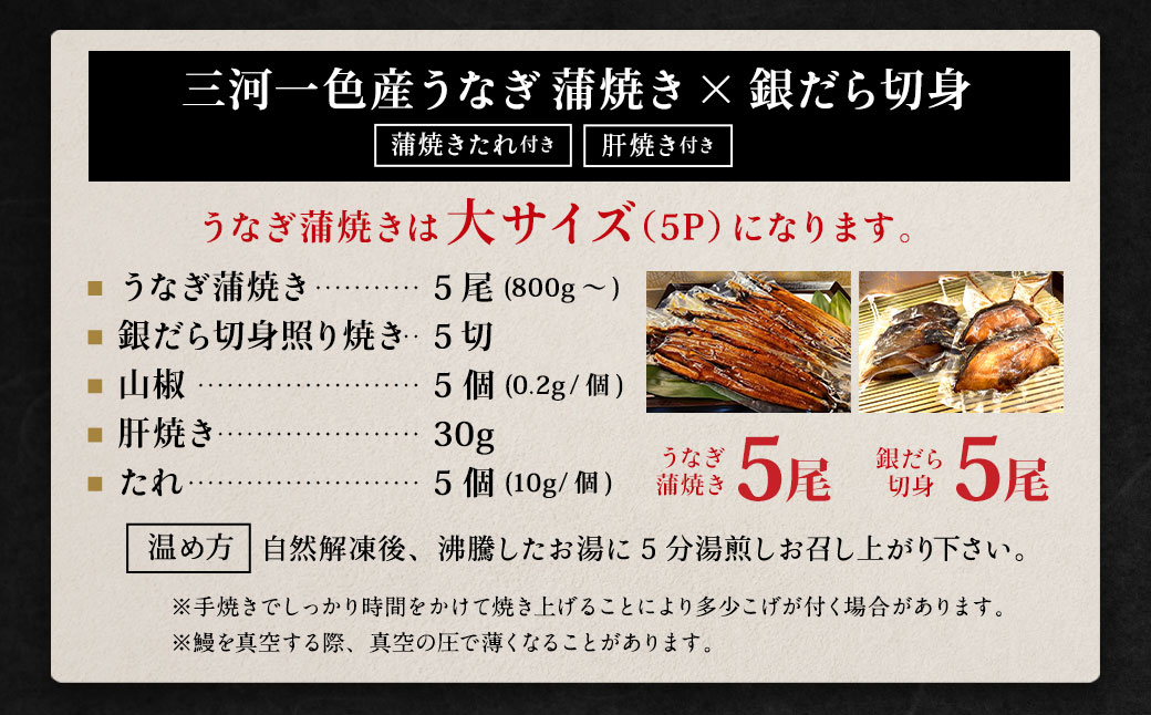 三河一色産 うなぎ蒲焼き 大5尾 + 銀たら 照り焼き 5切れ 蒲焼きたれ セット 簡単調理 冷凍