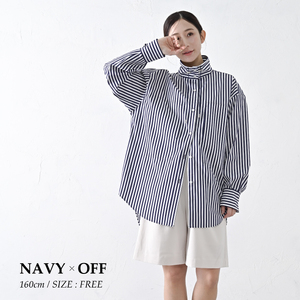 【THE INDUSTRY WORKS】ベーシックスタンドカラーシャツ（ネイビー×オフ）・1着　TIW-W036（74-28-NVOF） レディース カジュアルシャツ