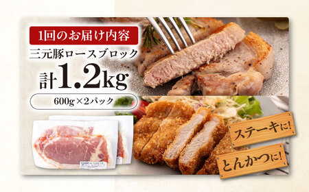 【全3回定期便】三元豚 ロースブロック1.2kg（600g×2パック）《喜茂別町》【平田牧場】 肉 豚肉 ロース ブロック ローストポーク 煮豚 酢豚 煮物 冷凍配送[AJAP099]