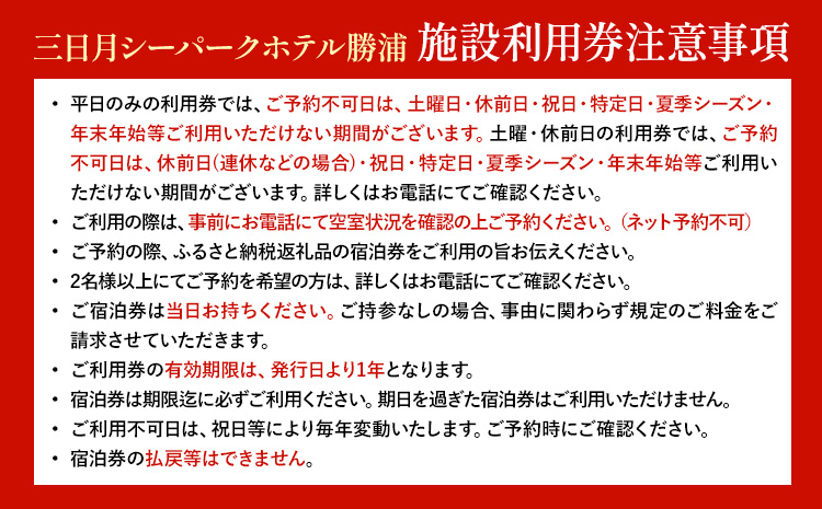 三日月シーパークホテル勝浦 1泊2食　2名様宿泊券 土日 休前日 《90日以内に出荷予定(土日祝除く)》千葉県 勝浦市 ホテル 宿泊券 三日月 シーパーク ホテル 勝浦 温泉 スパ