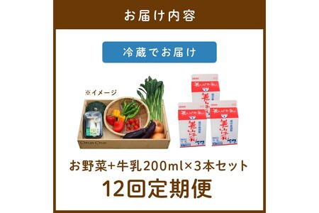 【定期便】合計12回お届け　有機野菜・京野菜の『京都やおよし』のお野菜＆牛乳200ml×3本の詰め合わせ