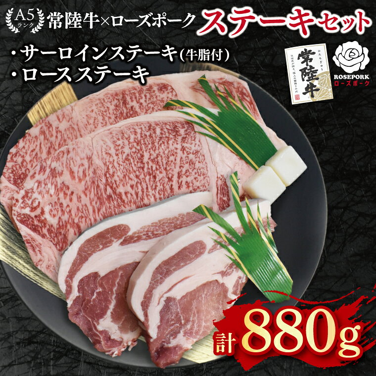 【ふるさと納税】常陸牛 A5ランク・ローズポークステーキセット 常陸牛サーロインステーキ600g（300g×2枚）＋ローズポークロースステーキ280g（140g×2枚）冷凍 和牛 牛肉 豚肉 ブランド豚 お取り寄せ 肉の加治 茨城県 水戸市（EK-45）