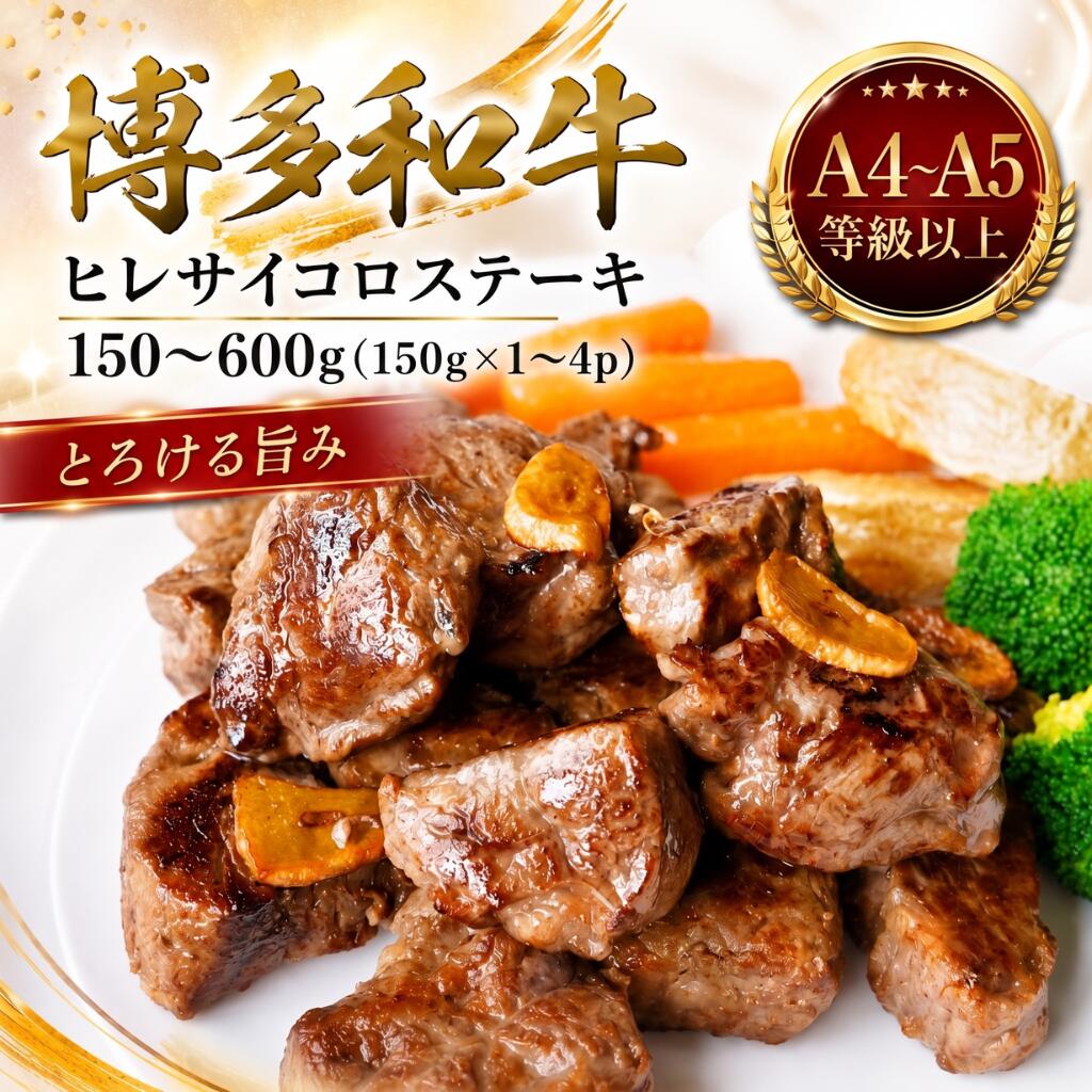 【ふるさと納税】 この味プレミアム！【A4～A5】博多和牛ヒレサイコロステーキ 150～600g（150g×1～4p）選べる 容量 冷凍 国産 和牛 牛肉 ブランド和牛 焼き肉 お肉 ギフト プレゼント 年末 年始 焼肉 BBQ 夕食 料理 人気 福岡県 川崎町