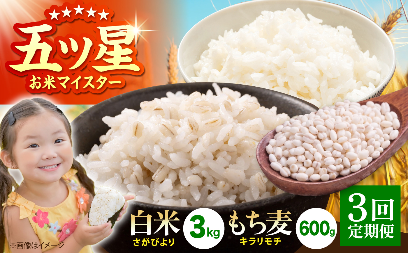 【全3回定期便】白米・もち麦セット（ さがびより3kg ・ キラリモチ 300g×2袋 ）【大塚米穀店】 麦 もち麦 米 精米 [HBL170]