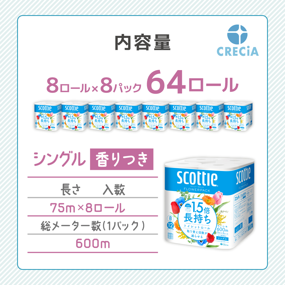 トイレットペーパー シングル 1.5倍長持ち 64ロール (8ロール×8パック) フラワーパック 香り付き スコッティ トイレットペーパーシングル 長持ち 長持ちロール 防災 災害 日用品 消耗品 生