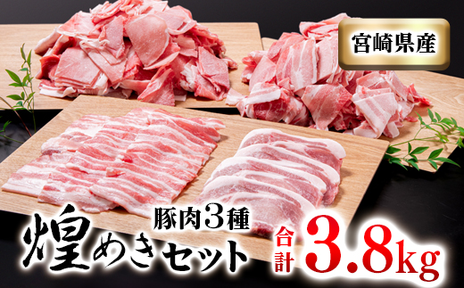 宮崎県産豚肉3種セット 合計3.8ｋｇ 小分けパック（小間切れ・豚バラ・豚ロース）＜1.6-31＞豚肉 ポーク 大容量 小分け 宮崎県西都市