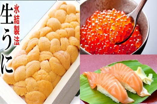 
                  D-71067 冷凍エゾバフンウニ100g×1折(赤系)、いくら醤油漬け(鱒卵)100g×1P、お刺身サーモン300g～500g(1～3本)[11月中旬以降発送]
                