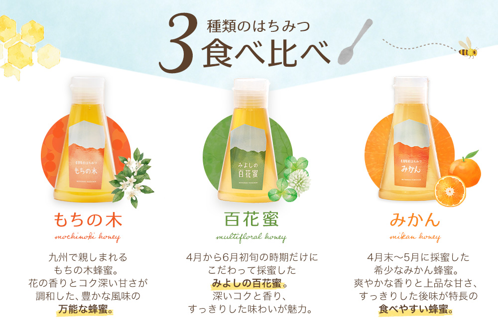 【3か月定期便】みよしのハチミツ3本セット(百花蜜・みかん・もちの木) 220g×3本(計220g×9本)【はちみつ 百花蜜 みかん もちの木 国産 ミツバチ 甘み スッキリ フルーティー コク 詰合