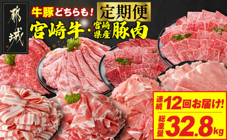 ≪12回連続お届け≫とにかくお肉大好き!宮崎牛と宮崎県産豚定期便L(総重量32.8kg)_T336-12-N201_(都城市) 宮崎県産 牛肉 宮崎牛 豚肉 しゃぶしゃぶ すき焼き 焼肉 バラ ロース ウデ モモ