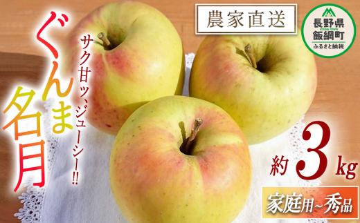 りんご ぐんま名月 家庭用 〜 秀 3kg やまじゅうファーム 沖縄県への配送不可 2025年11月下旬頃から2025年12月上旬頃まで順次発送予定 令和7年度収穫分 信州の環境にやさしい農産物 減農薬栽培 長野県 飯綱町 [1539]