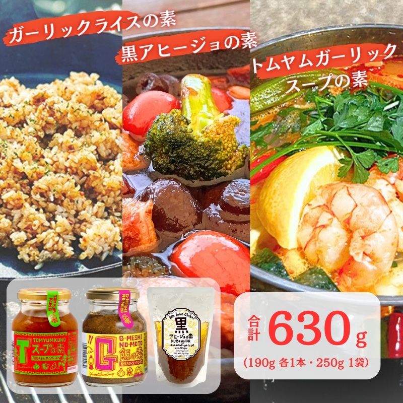 【ふるさと納税】 G飯の素 黒アヒージョの素 Tスープの素 各1個 計630g ガーリックライス にんにく ガーリック アレンジ 簡単 チャーハン トムヤムクン スープ スープの素 調味料 餃子のたれ SNS映え 万能調味料 人気 送料無料 ふるさと納税 千葉県 銚子市 アウトドアオペラ