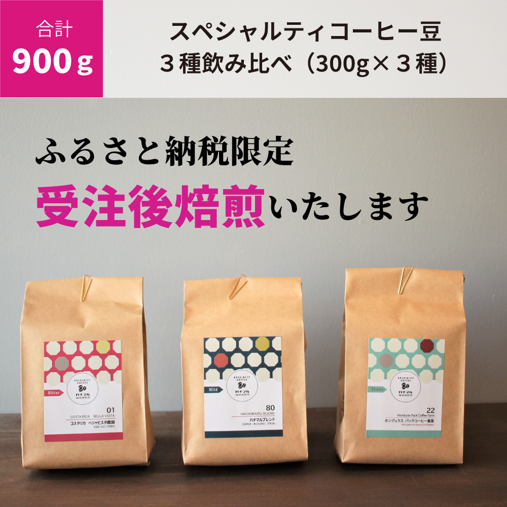 
C188　【受注後焙煎/900g】スペシャルティコーヒー３種飲み比べ（300g×３種）
