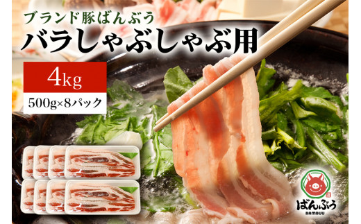 ブランド豚「ばんぶぅ」小分け 豚バラしゃぶしゃぶ用 4kg（500g×8パック） 冷凍便 4キロ  たっぷり 豚肉 豚バラ肉 豚バラスライス肉 豚しゃぶ 薄切り肉 うす切り肉 お鍋用 すき焼き用 すきやき用 ぶた肉 ブタ肉 国産 茨城県産 ギフト プレゼント お祝い 42-N
