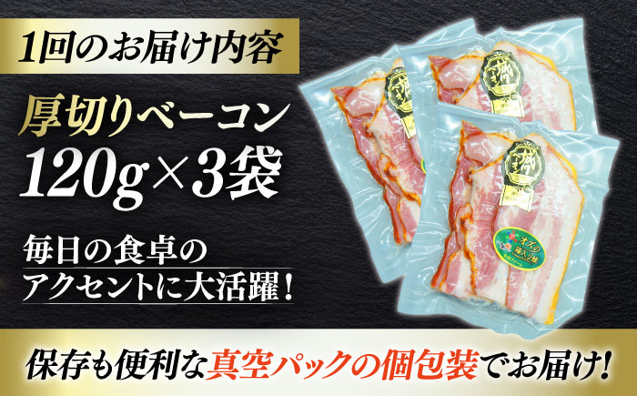 【全6回定期便】秒でプラスもう一品！ブランドポーク『オズの箱入り娘』使用！厚切りベーコンスライス×3ケ 合計360g 豚肉 小分け ベーコン プレゼント ギフト 愛媛県大洲市/株式会社オズメッセ [A