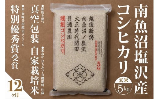 【令和7年産新米予約】【定期便】「貝瀬農園米」農薬5割減栽培　南魚沼塩沢産コシヒカリ　玄米5kg×全12回【2025年10月1日より順次発送予定】