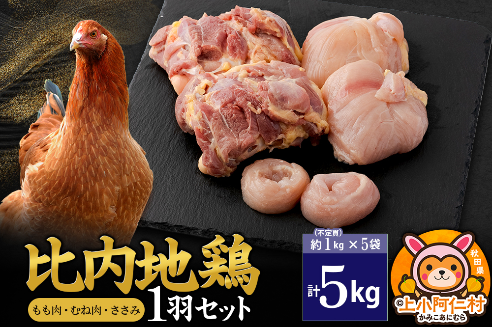 比内地鶏 1羽セット(もも・むね・ささみ) 約5kg(不定貫約1kg×5袋) 5キロ 国産 冷凍 正肉 鶏肉 鳥肉