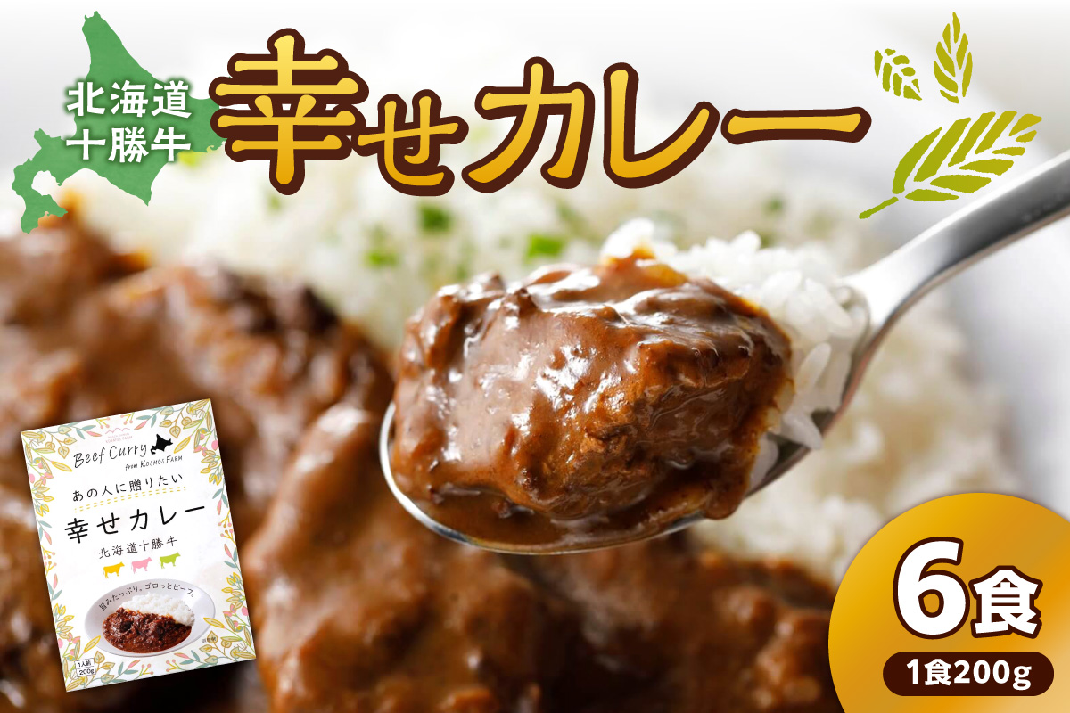十勝清水 コスモスファーム 幸せ カレー 200g × 6食 【 ビーフカレー 国産 中辛 カレー レトルト 簡単調理 牛肉 常温 保存食 備蓄 手軽 贈り物 お取り寄せ 北海道 清水町  】