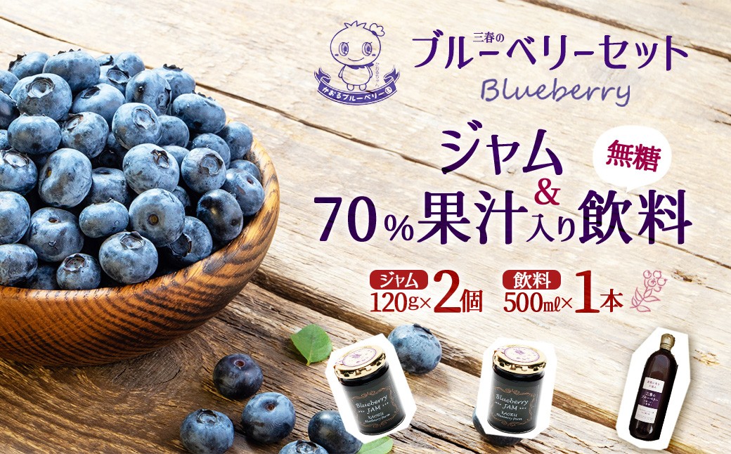 
                  ブルーベリー70%果汁入り飲料（無糖）500ml×1本とジャム120g×2本セット【福島県三春町　かおるブルーベリー園産使用】　【07521-0151】
                