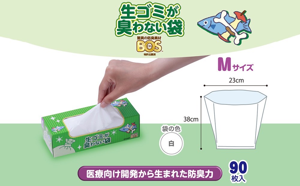 臭わない袋BOS 生ゴミが臭わない袋 生ゴミ用 Mサイズ 90枚入り(3個セット) ゴミ袋 防臭 生ゴミ ビニール袋 赤ちゃん おむつ ペット 防臭袋 セット 小樽市 北海道 
