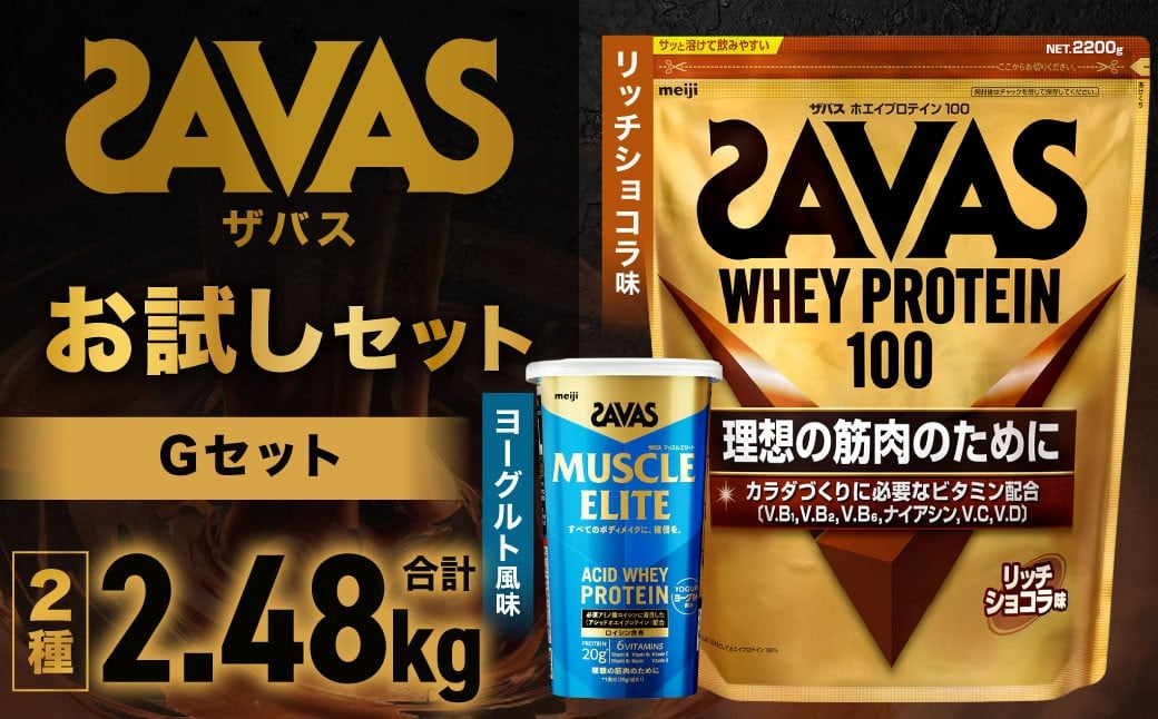 
            ザバス  お試しセットG（リッチショコラ味 2200g・ヨーグルト風味 280g）【SAVAS ザバス プロテイン 人気プロテイン 明治プロテイン 健康 健康食品 美容 ボディメイク 体づくり 筋トレ 岡山県 倉敷市 人気 おすすめ】
          