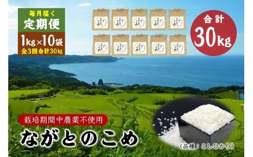 (1613)定期便 ながとのこめ こしひかり 白米 1kg×10袋 毎月 全3回 合計30kg コシヒカリ 精米 長門市 令和5年度産